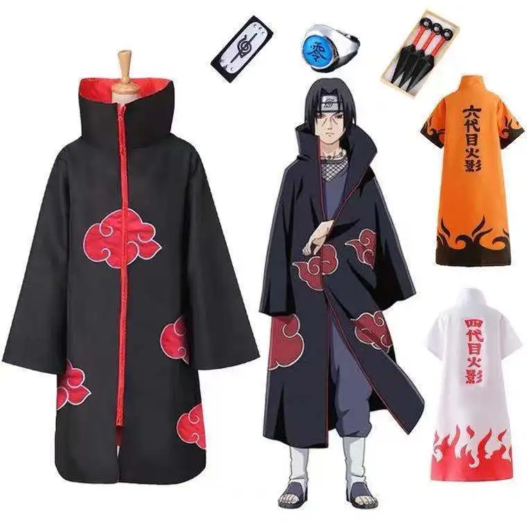 Anime Akatsuki Cosplay Costume Red Cloud Robe with Necklace Headband Ring Set for Role Play Adult Game Costume
