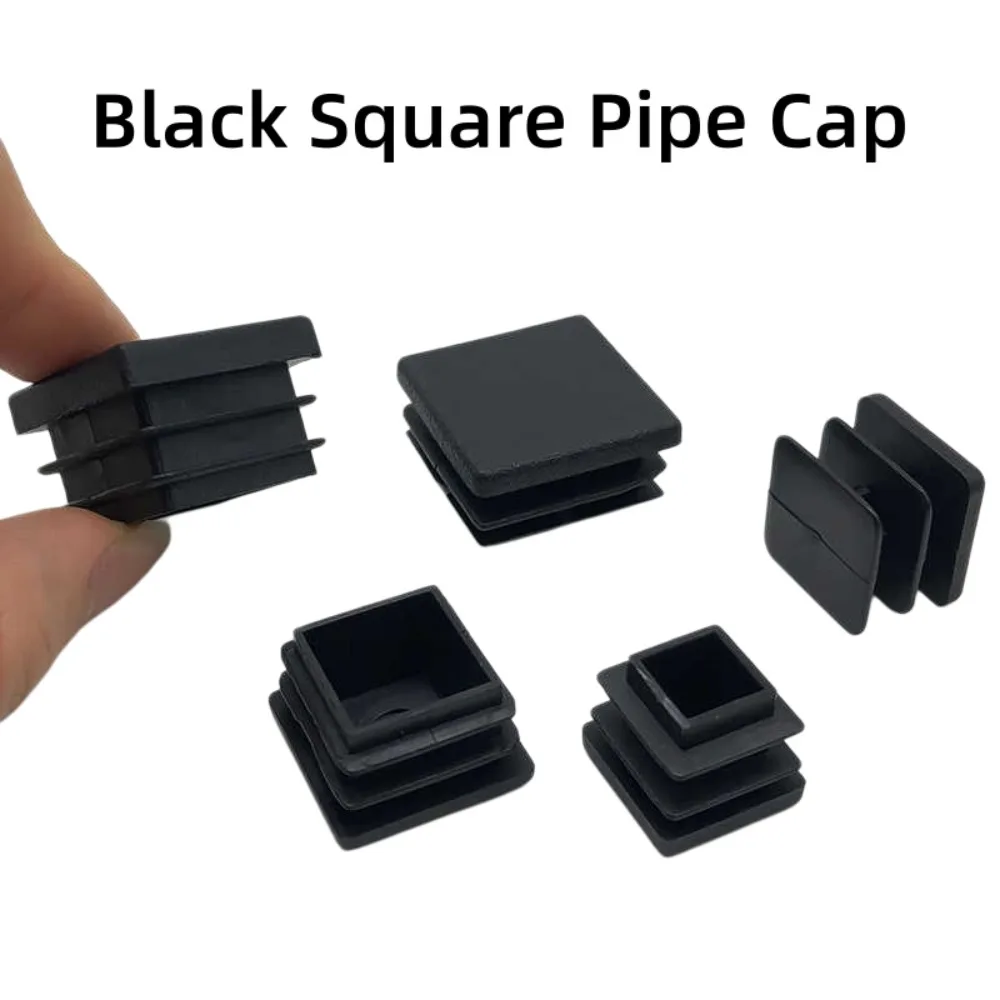 Black Square Plastic Pipe End Caps, 10-200mm Tubing Blanking Insert Plugs, Furniture Foot Glide Covers for Square Steel Tubes