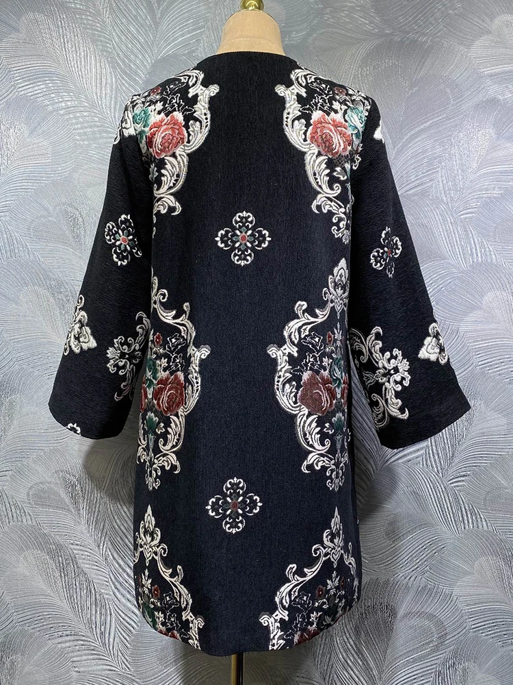 DLDENGHAN Crystal Diamonds Concealed Button Coat For Women O-Neck 4/3 Sleeved Black Vintage Jacquard Outerwear Autumn Female