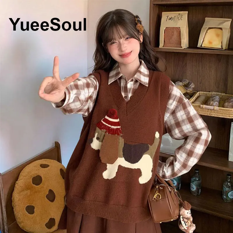Japan Style Vintage Brown Women Knit Vest V Neck Sleeveless Loose Oversized Sweater Vest 2026 New Autumn Y2K Waistcoat Outerwear