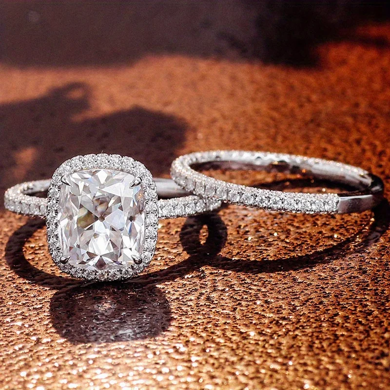 2-Pcs Set Elegant Luxury Square Zirconia Rings Lover's Dazzling Ring Suitable For Wedding Couple Engagement Anniversary Gift
