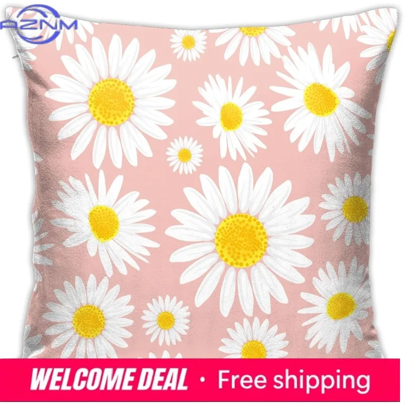 Pillow Cover Pink Daisy Flower Pattern Square Pillowcase for Home Decoration Sofa Car Bedroom Pillowcase 18x18 Inches