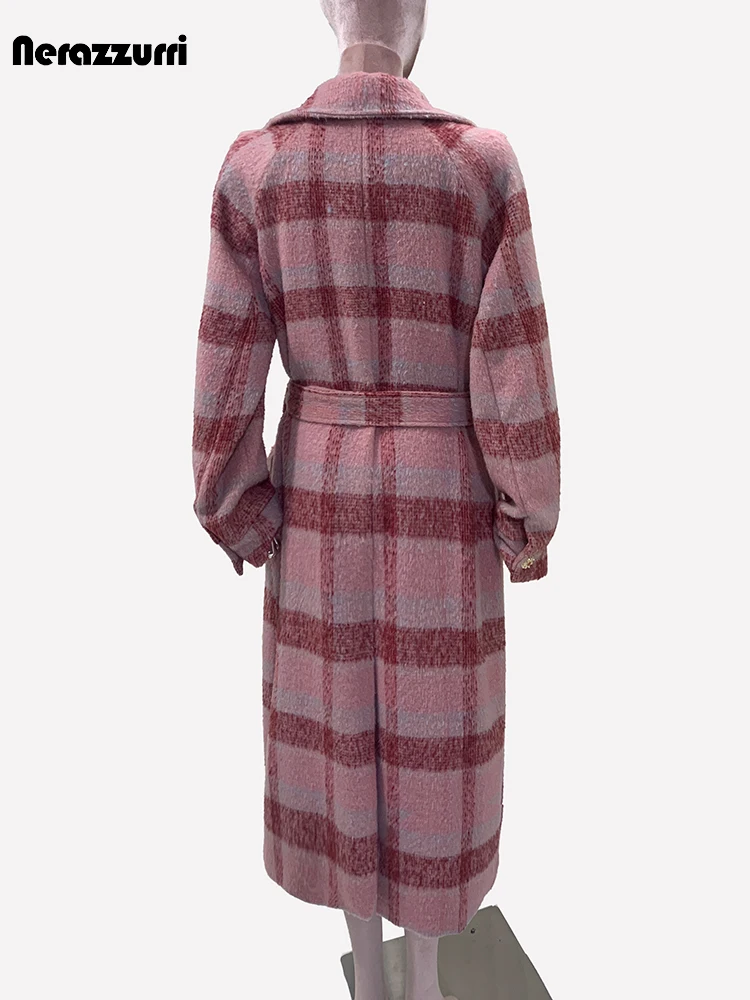 Nerazzurri Autumn Winter Long Oversized Colorful Thick Warm Soft Plaid Woolen Coat Women Double Breasted Wool & blends Overcoat