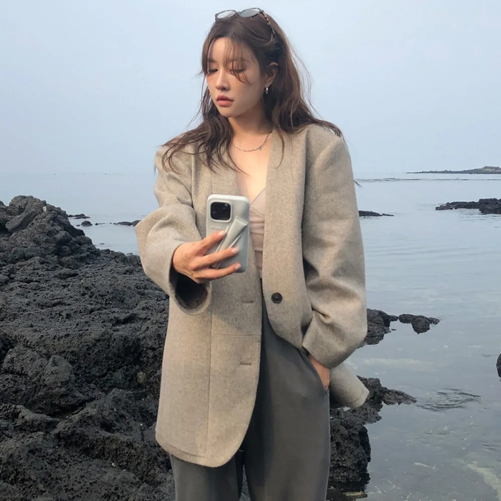Spring Autumn Women's Wool Blazer Coat Jacket Deep V Neck Single Breasted Woolen Overcoat Female Elegant Outerwears 2025