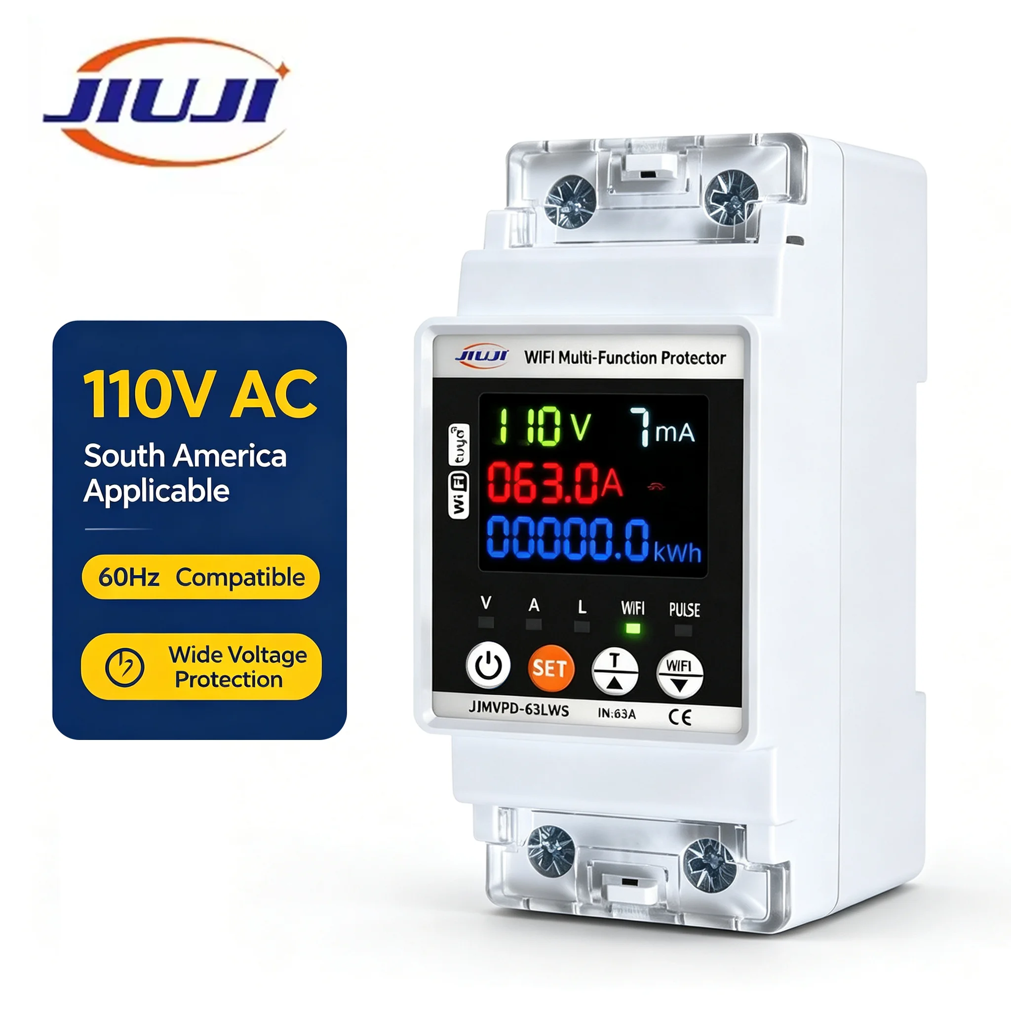 JIUJI JJMVPD-63LWS 110V 63A 2P Din Rail Digital WiFi Protector Earth Leakage Overvoltage Undervoltage Auto Reset Power Meter