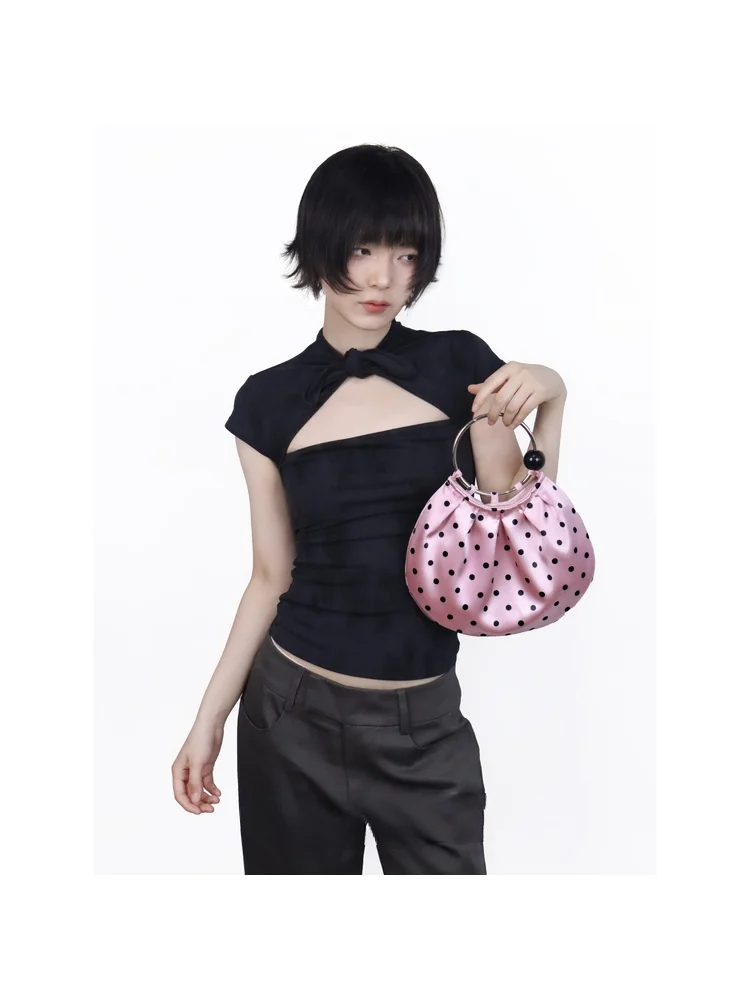 French Minimalist Spring Elegant Lady Bag Romantic Pink Polka Dot Smooth Silk Gentle Circular Handle Date Afternoon Tea Handbag
