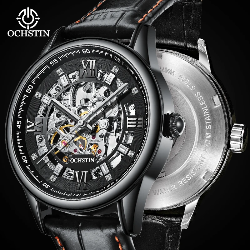 

Gift New Fashion Men Sports Mechanical Watches Male Luxury Leather Strap Black Dial Automatic Military Wristwatch OCHSTIN