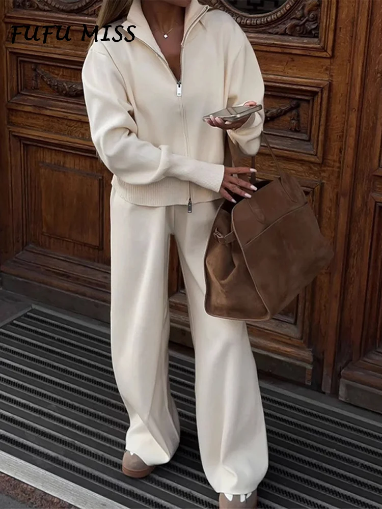 

Casual Solid Knit Jacket Pants Set Women Long Sleeve Lapel Zipper Coat Wide Leg Trouser Suit 2024 Autumn Lazy Lady 2 pieces Sets