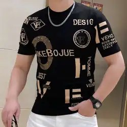 Hot Drill Alphabet Pattern High Elasticity Knit TShirt Men O-Neck Rhinestone Tee Homme Streetwear Fashion Summer Casual Knitted