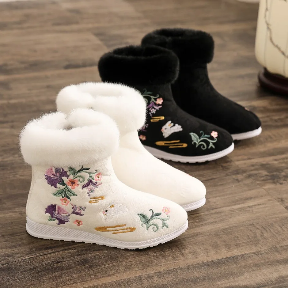 Fashion Winter Boots Women\'s Shoes Ethnic Style Embroidered Short Boots Women Warm Snow Shoes Female Antiquity Dance Flat Boot