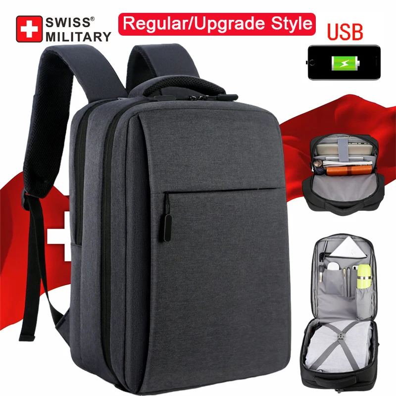 SWISS MILITARY Backpack Men Business Travel Laptop Back Pack Male USB Charging School Handbag Waterproof Bag for Couple Mochila