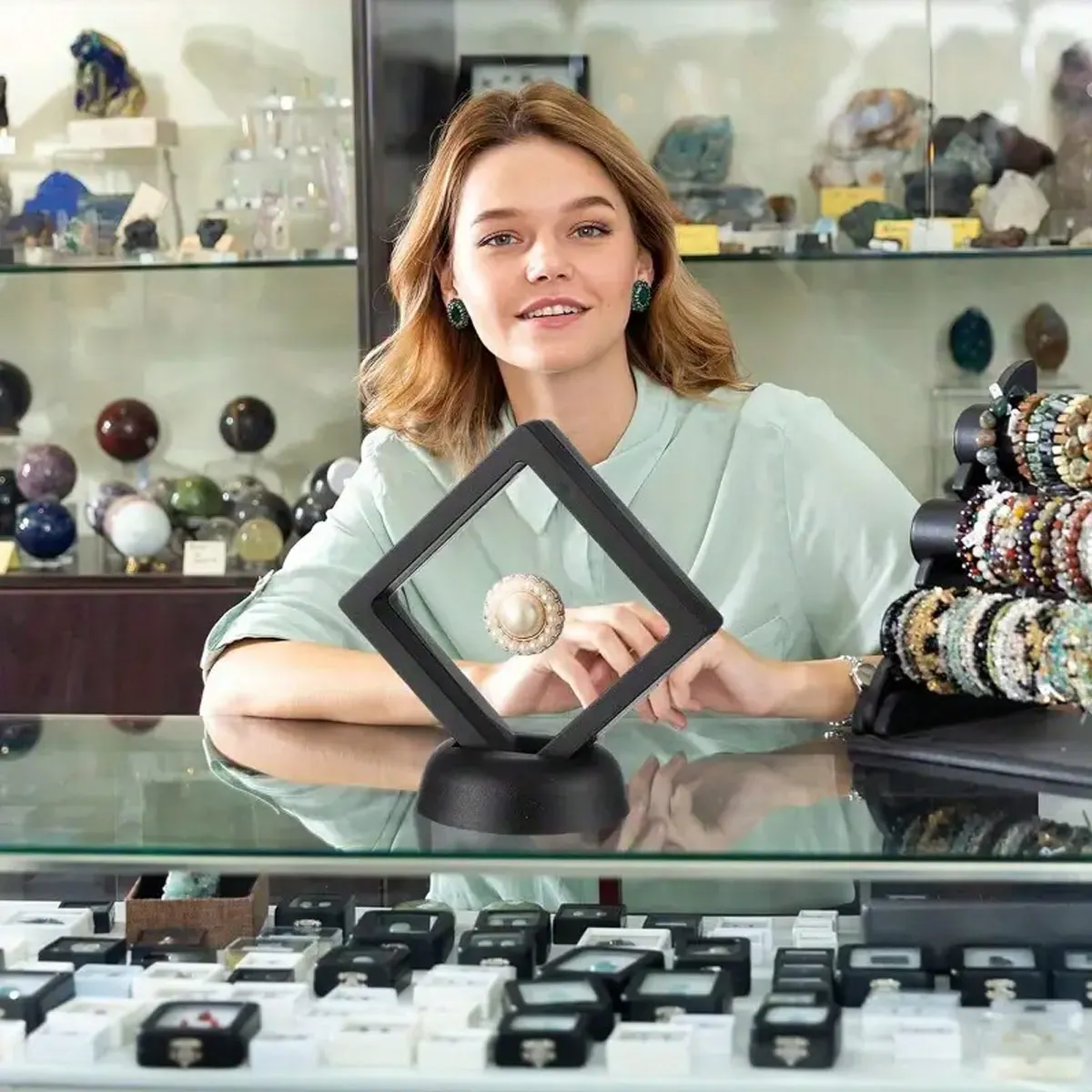 Présentoir flottant avec base, vitrine de film transparent, pièces de défi, spécimens, présentoir et rangement de bijoux