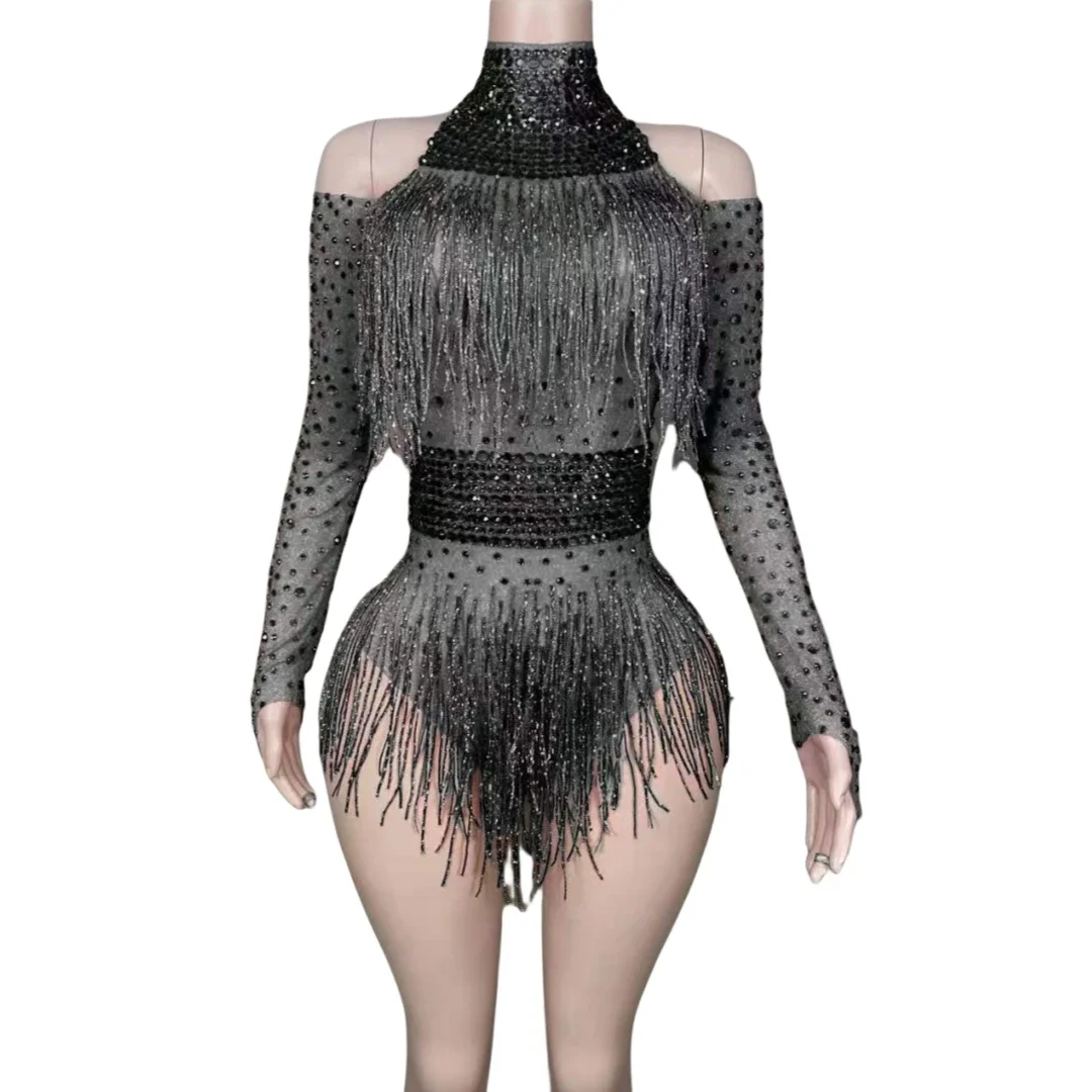 

Sexy Women Fringe Rhinestone Stunning Bodysuits Long Sleeve Shinning Body Suits Latin Jazz Dance Drag Queen Costume Photography