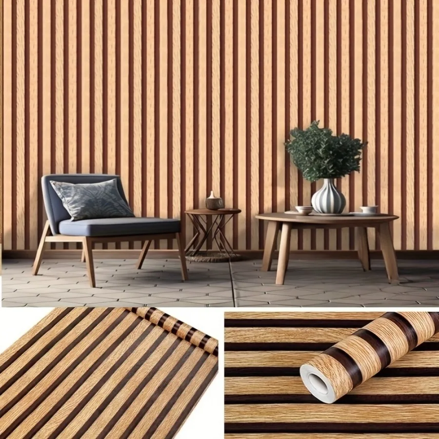 Wood Striped Wallpaper Waterproof Self-Adhesive Vinyl Decorative Suitable for Living Rooms Bedrooms, Home Decor PVC Room Decor
