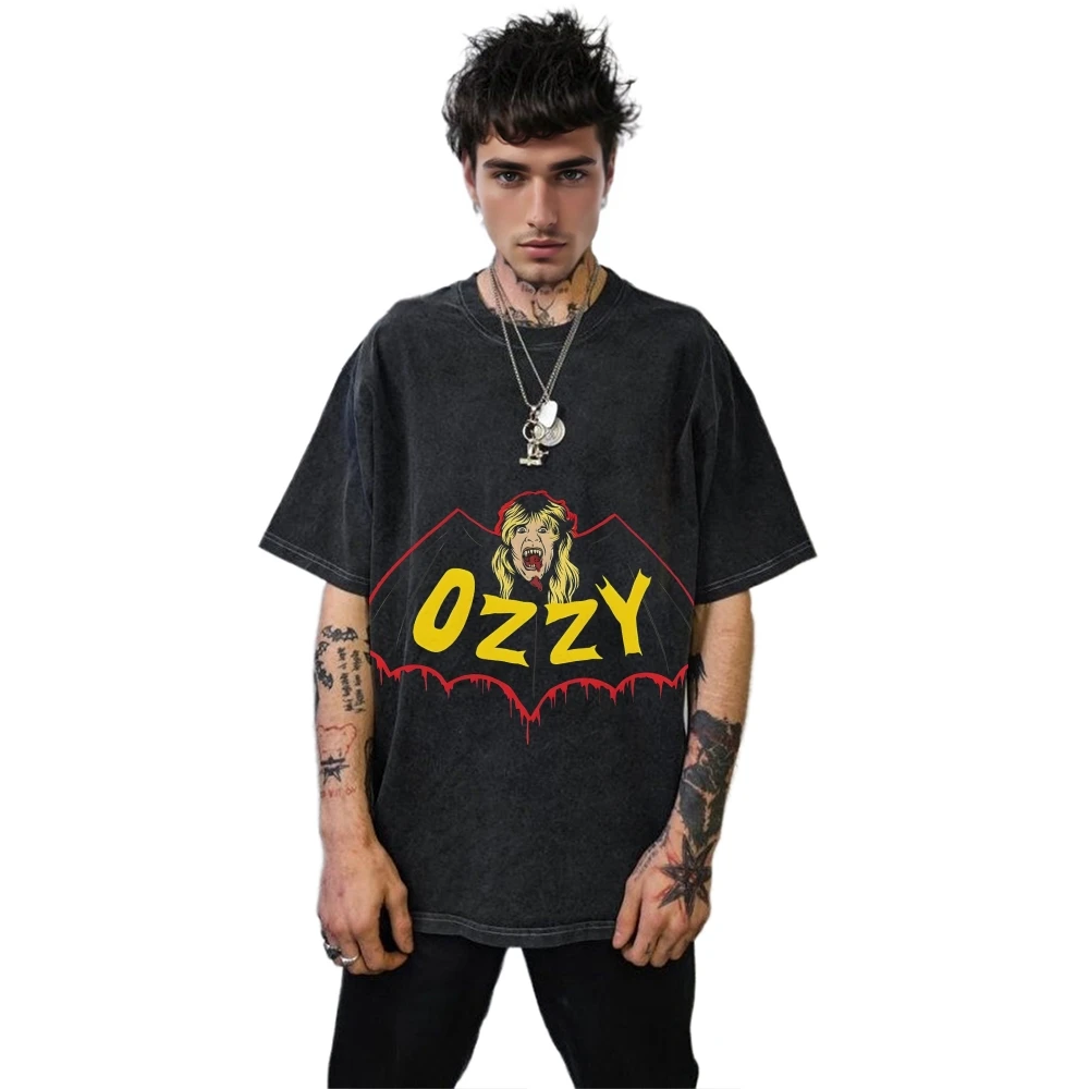 

Diverse Style Unisex T-shirt Vintage Washed Ozzy Bat Print Short Sleeve Retro Streetwear Hip-hop Summer New Comfortable Cotton