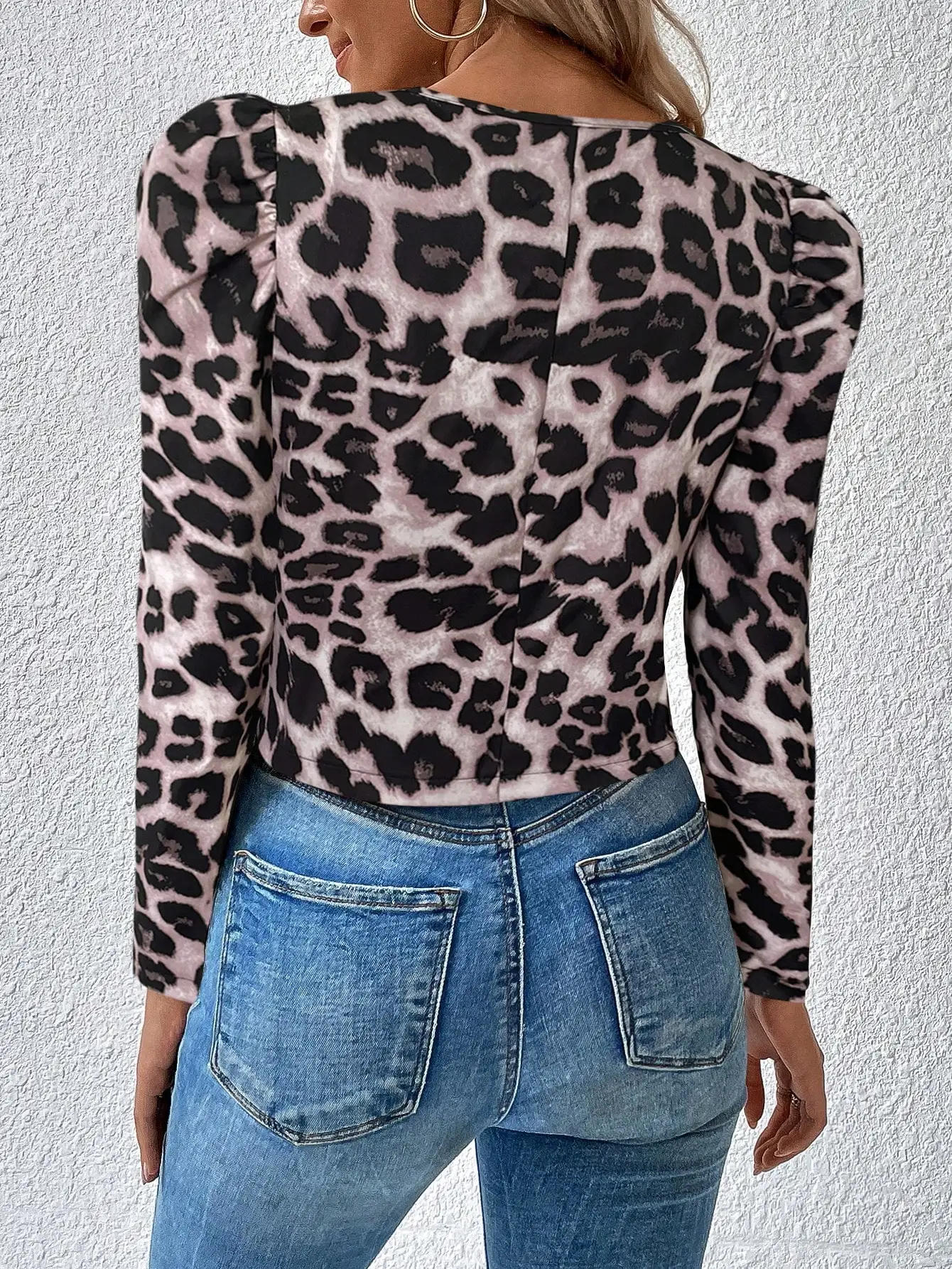 2026 Autumn Fashion Women's Leopard Print Long Puff Sleeve Zipper‑up Jacket 100% Polyester Woven Casual Cropped Short Outerwear