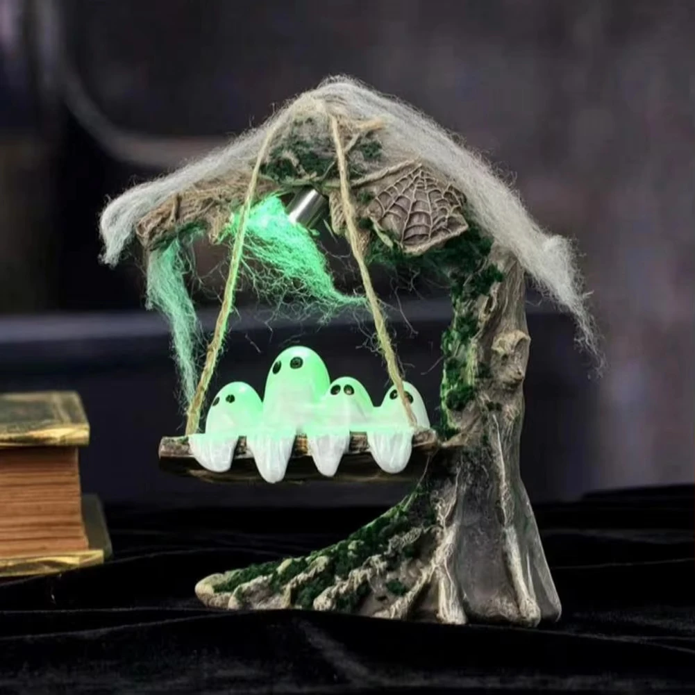Glowing Halloween Ghost Resin Figurine Swing Decor Cute Spooky Tabletop Ornament for Home Garden Porch Yard Gift