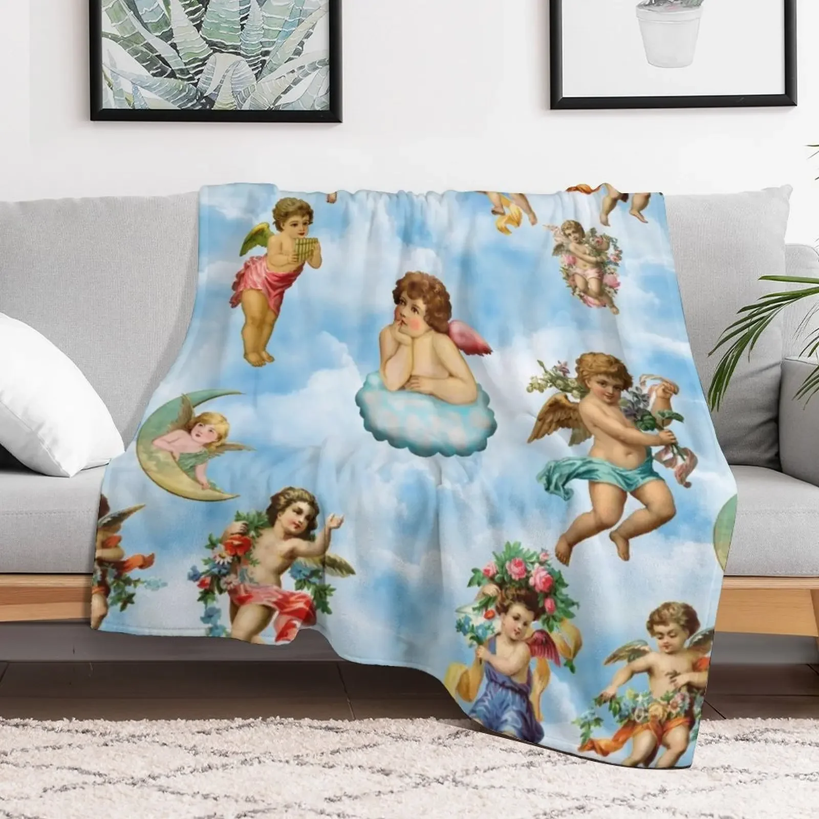 angel cherub clouds antique Throw Blanket Foldable Soft Warm Blanket for Outdoor Use