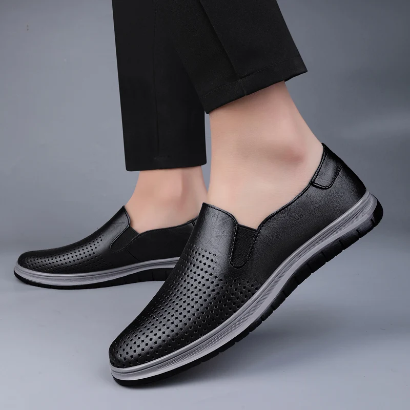 Summer Genuine Leather Men Shoes Luxury Brand Casual Slip on Formal Loafers Men Moccasins Italian Black Male Driving Shoes Men