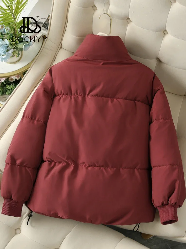 Chaqueta de algodón de Invierno para mujer, suelta, delgada, cálida, ropa de pan, corta, cremallera, abrigo monocromático, Parkas Tops, nuevo, 2024