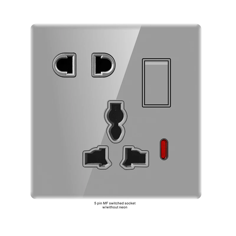 Toma de corriente multipunto con Panel de vidrio gris, interruptor de pared eléctrico con 2 puertos USB y luces indicadoras para el hogar, 5 uds.