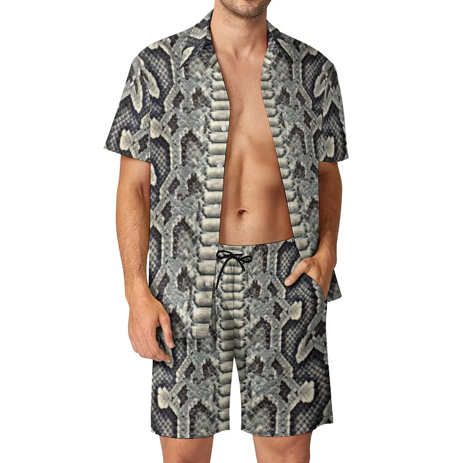 Setelan baju pria, musim panas kulit ular cetak 3D kemeja lengan pendek mode celana pendek pantai ukuran besar pakaian jalanan Hawaii