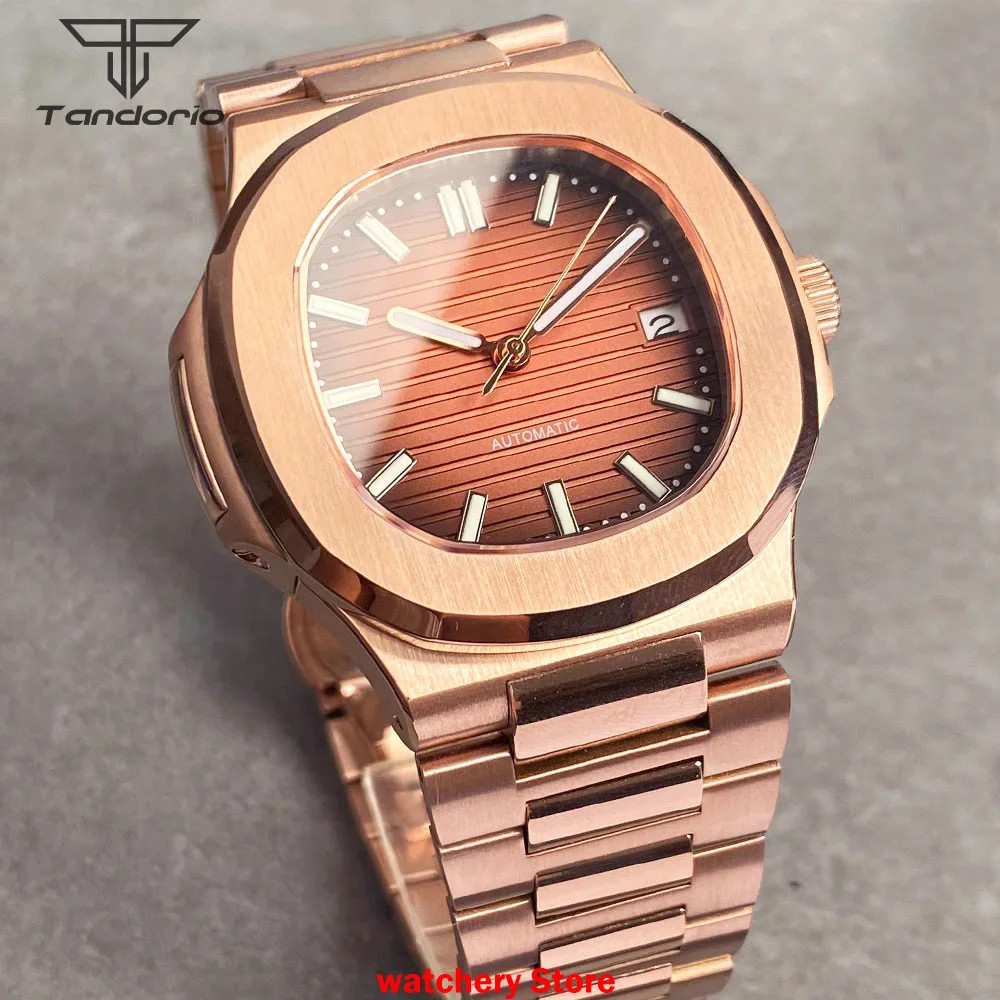 Jam Tangan Pria Retro Klasik Sporty Gerakan Otomatis NH35A Persegi Emas Mawar 40Mm Baru Kustom Gelang Baja Kaca Safir