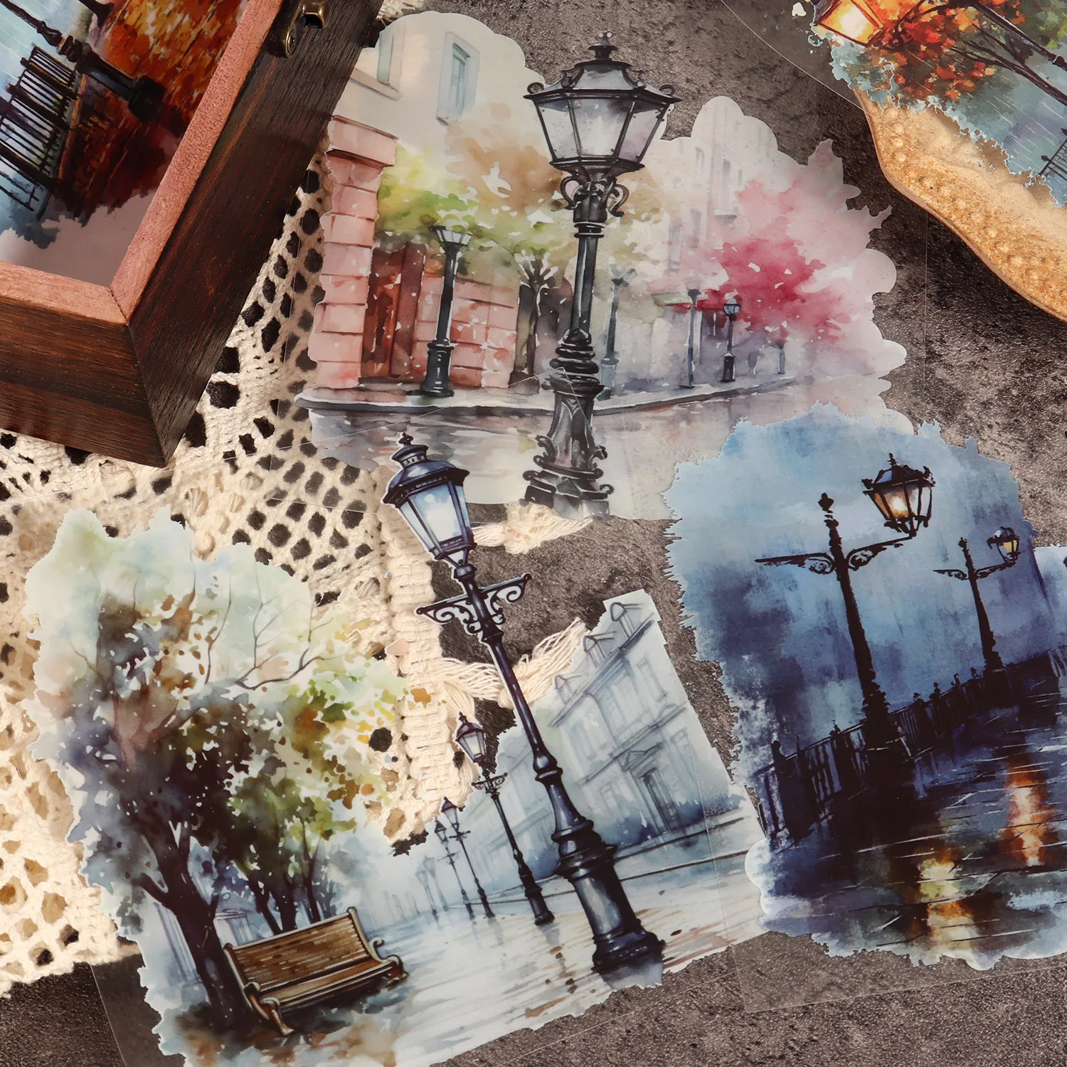 10 Blatt PET-Aquarell-Regenstraßen-großer selbstklebender Aufkleber, für Scrapbooking-Zubehör, DIY-Landschaftsbau – Detail 6