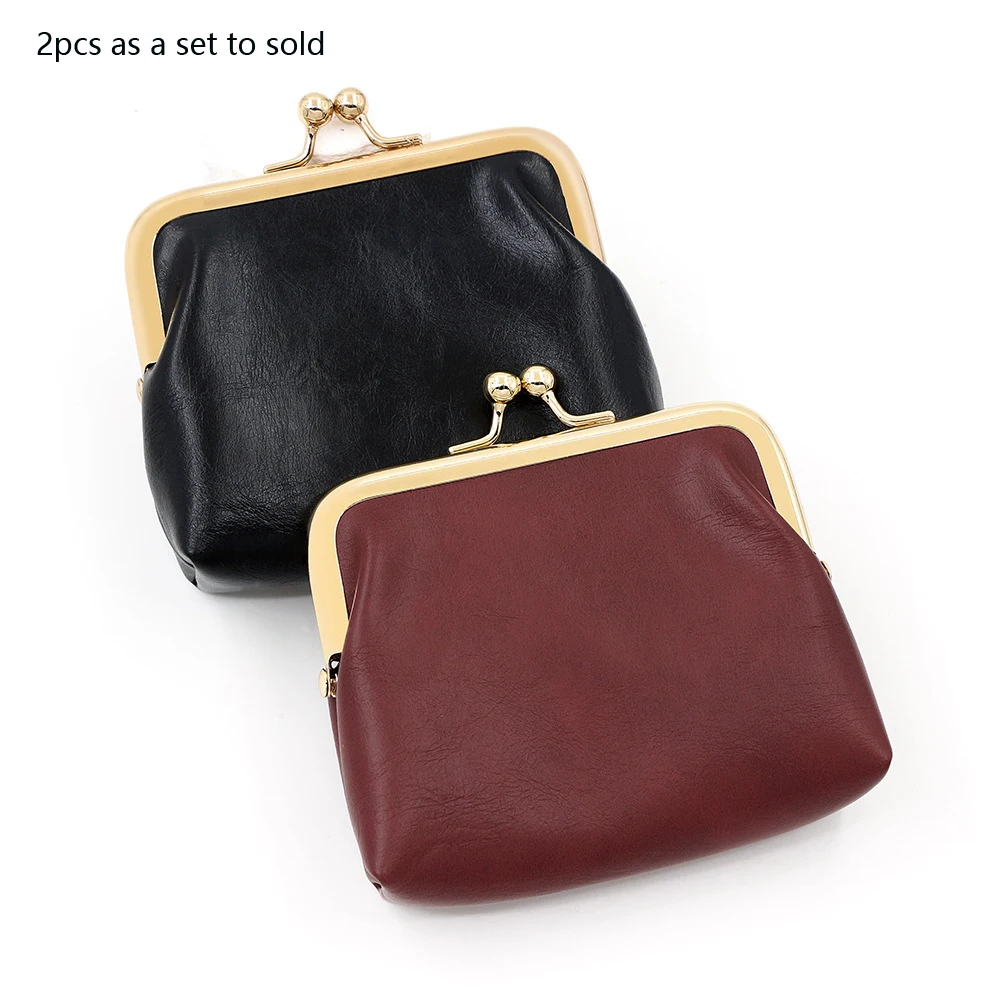 2pcs Set Vintage Oil Faux Leather Women Mini Wallets with Kiss Lock Candy Colors Large Capacity Clutch for Coins & Lipstick