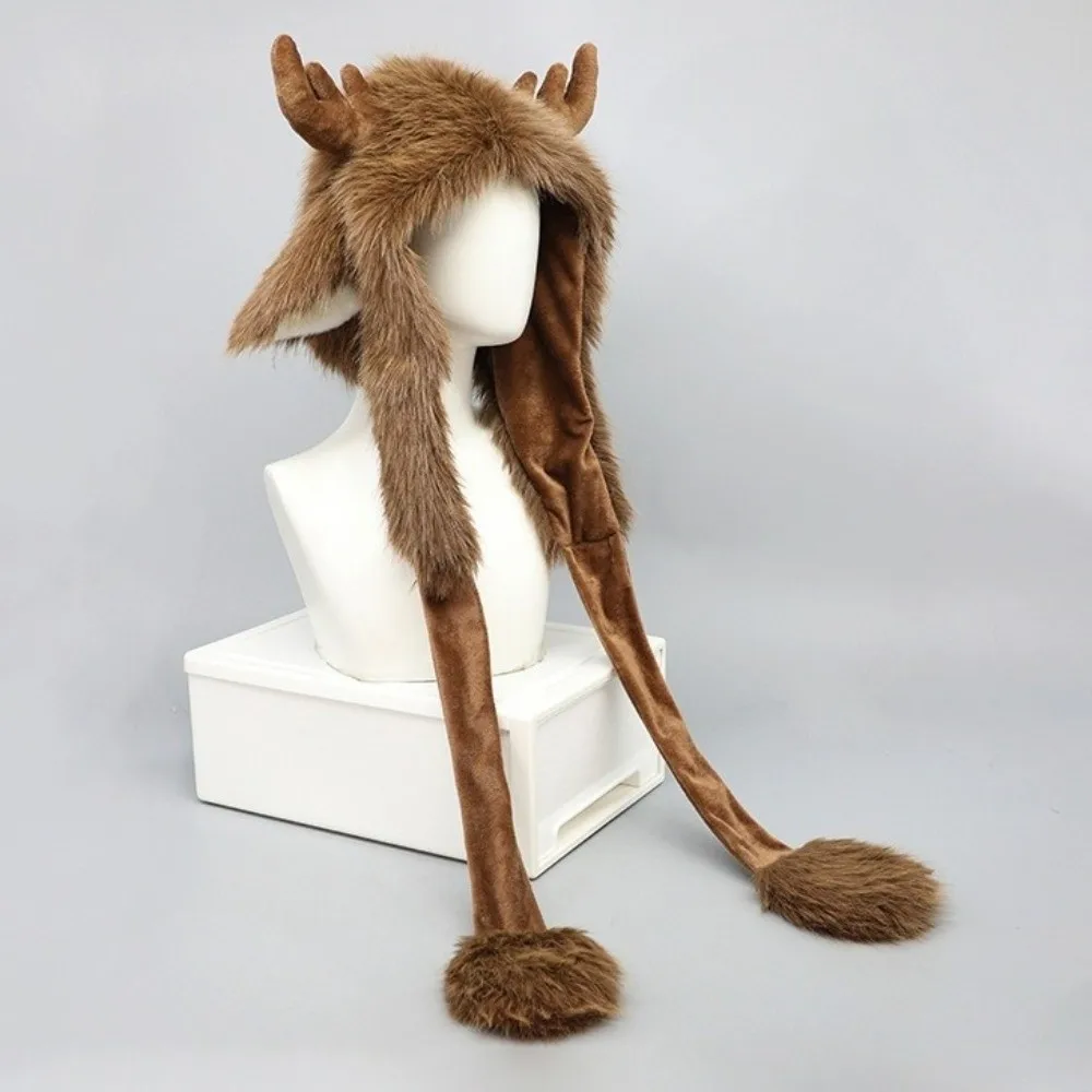 Cozy Warm Reindeer Antler Hat Adjustable Straps Christmas Elk Hat Lightweight Fluffy Texture Ear Protection Cap Gift