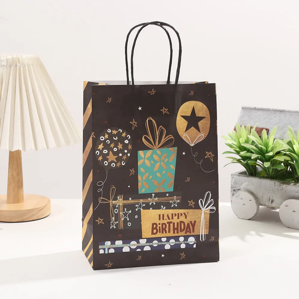 4Pcs Happy Birthday Paper Gift Packaging Bags with Handle Black Baking Candy Cookie Shopping Bag for Birthday Party Decorations