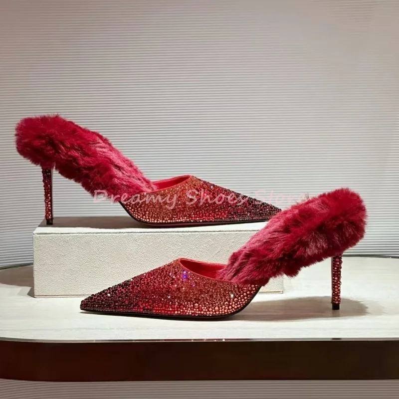 

Luxury Red Fluffy Crystal Pointed Stiletto Pumps Women Shiny Rhinestone Mules Slippers Fashion Elegant Party Dress Prom Sandals
