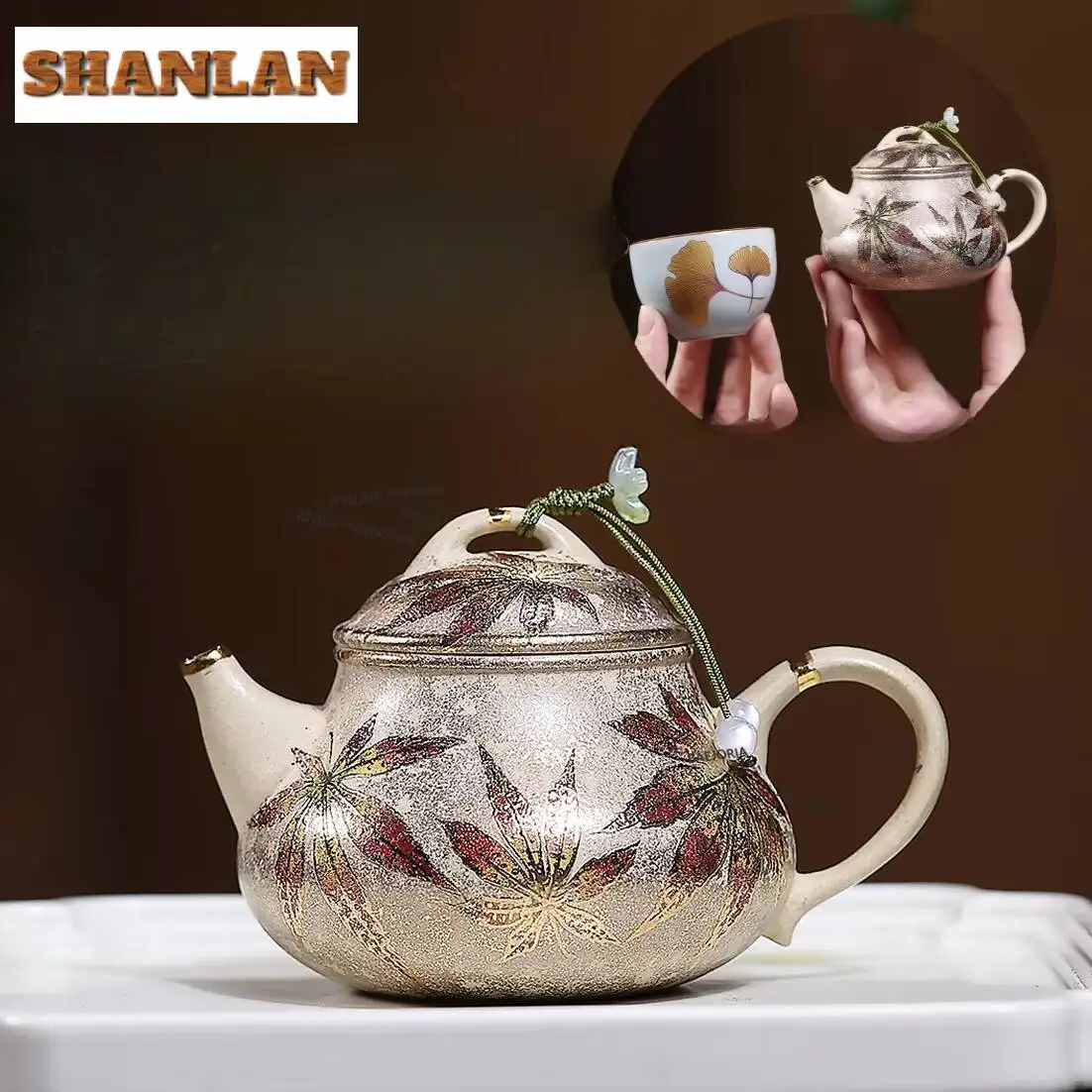 130ml Antique Yixing Purple Clay Teapots Handmade Gold Drawing Maple Leaf Pot Raw Ore Benshan Green Mud Kettle Zisha Teaset Cha