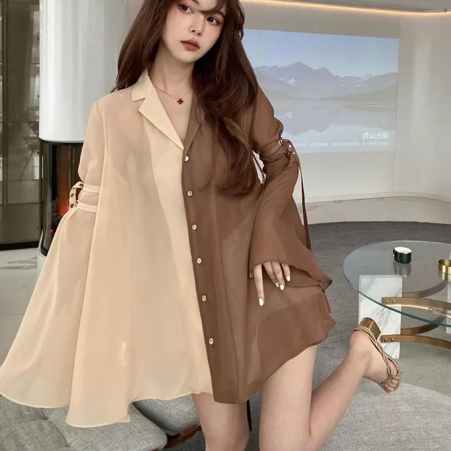 

Summer Moon Color Block V Neck Blouse Women Early Spring New French Chiffon Sun Protection Top Light Academia Style