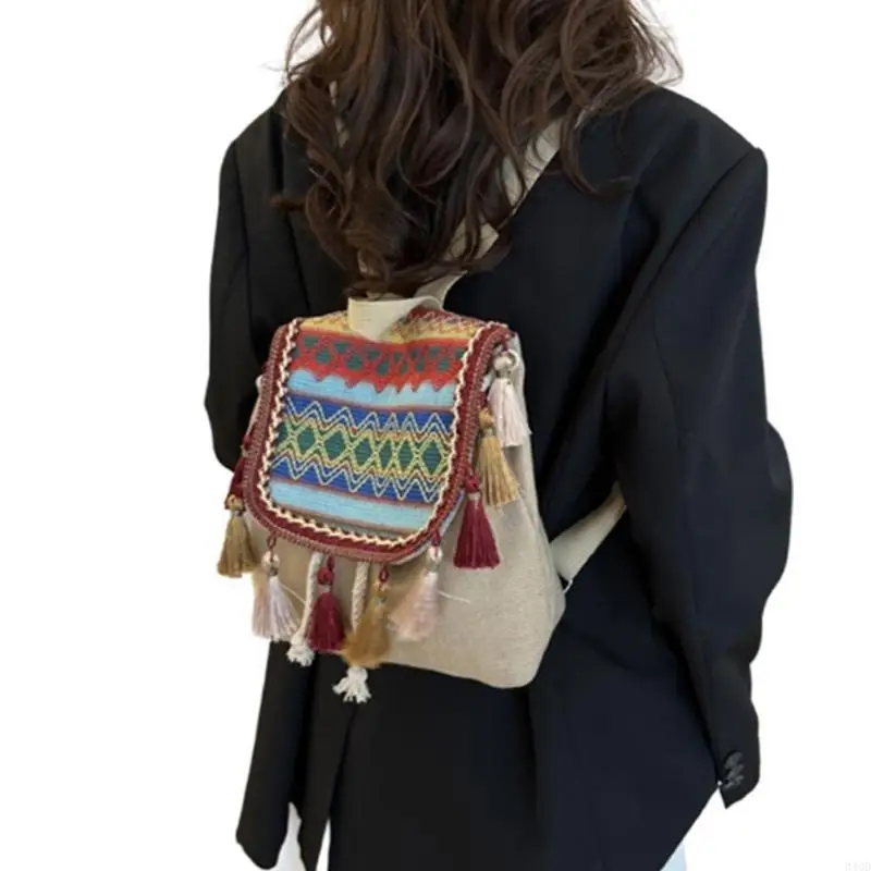 

340D Backpack Versatile Bag with Tassels Ethnic School Pack Leisure Rucksack