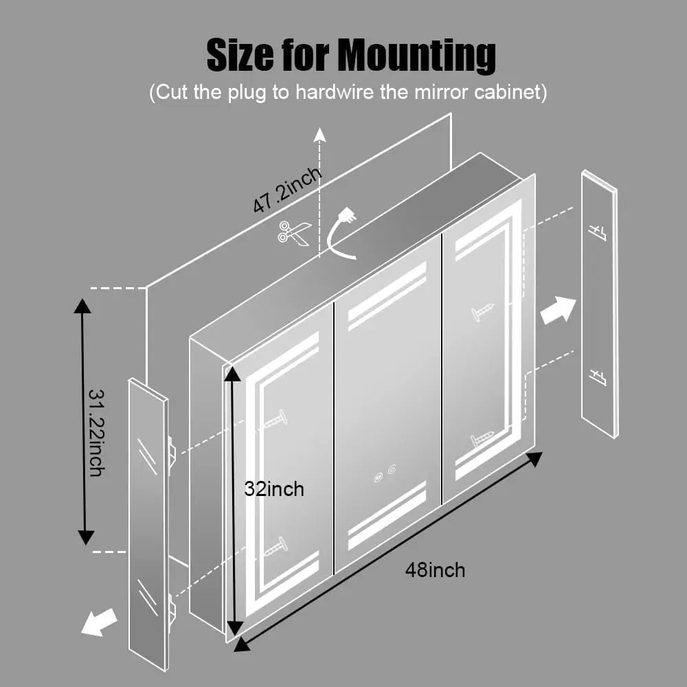 High-End Led Medicine Cabinet,Lighted Medicine Cabinet,3 Colors&Dimmable,Demister,Lighted Glass Shelf,USB Shaver Socket.Surface