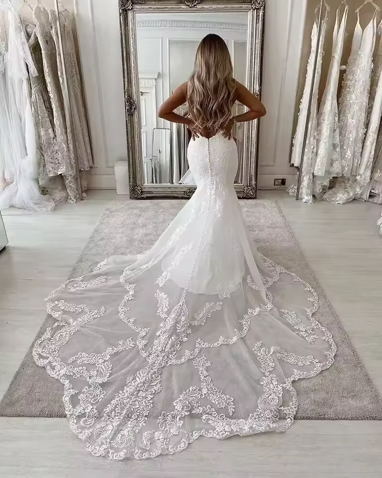 Customzied Graceful Bride Gown Scoop Neck Tulle Lace Appliques Wedding Mermaid Sleeveless Backless Bridal Dress Customized