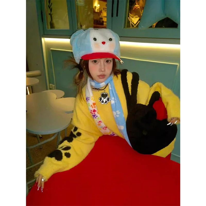 하라주쿠 프린트 스웨터 여성 Y2K 오버사이즈 니트 풀오버 일본식 긴팔 니트웨어 겨울 O넥 캐주얼 디자인 점퍼