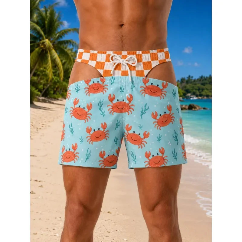 for Men Cute Crab Print Beach Pants Blue Ocean Seaweed Pattern Swimming Trunks with Orange White Plaid Briefs Printed