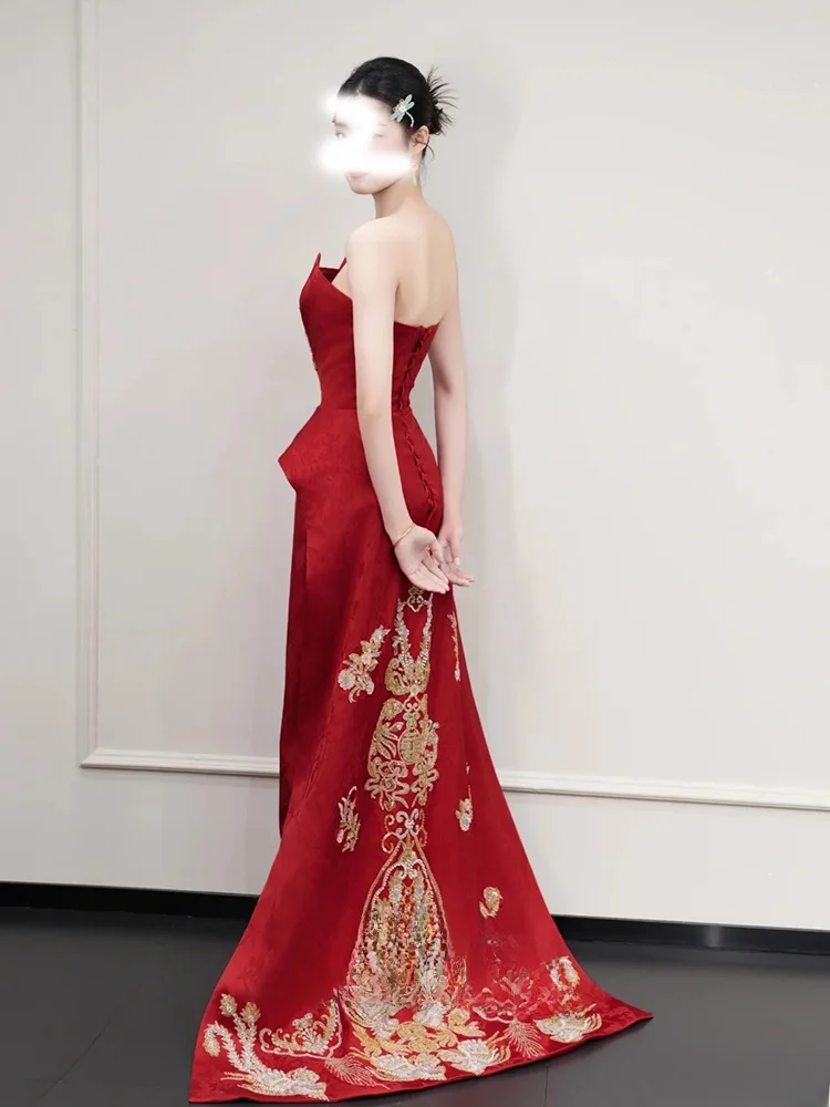 

Новое китайское свадебное платье красного цвета для подружек невесты, женское платье с высокой талией и вышивкой, бальное платье для помолвки и летней свадьбы.