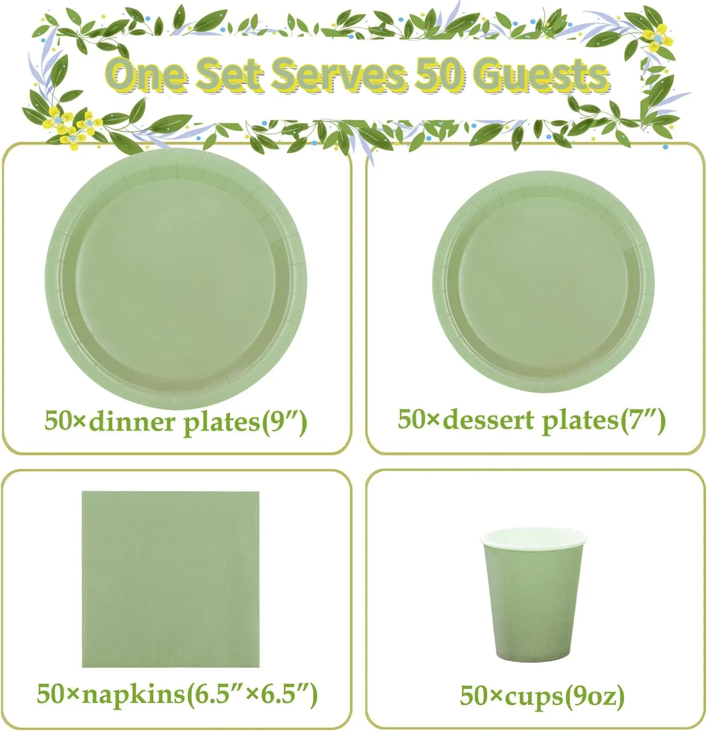 Sage Green Disposable Tableware for 50 Guests Sage Green Party Tableware Supplies Paper Plate for Bridal Shower Wedding Birthday