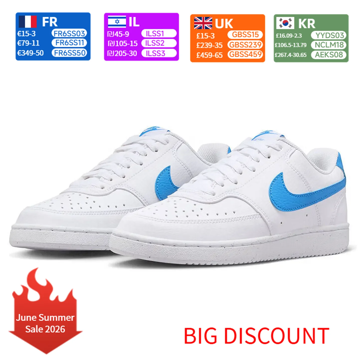 

Nike Court Vision 1 Low Next Nature Comfortable, versatile, and durable Low-top court shoe Women's White/Blue DH3158-107