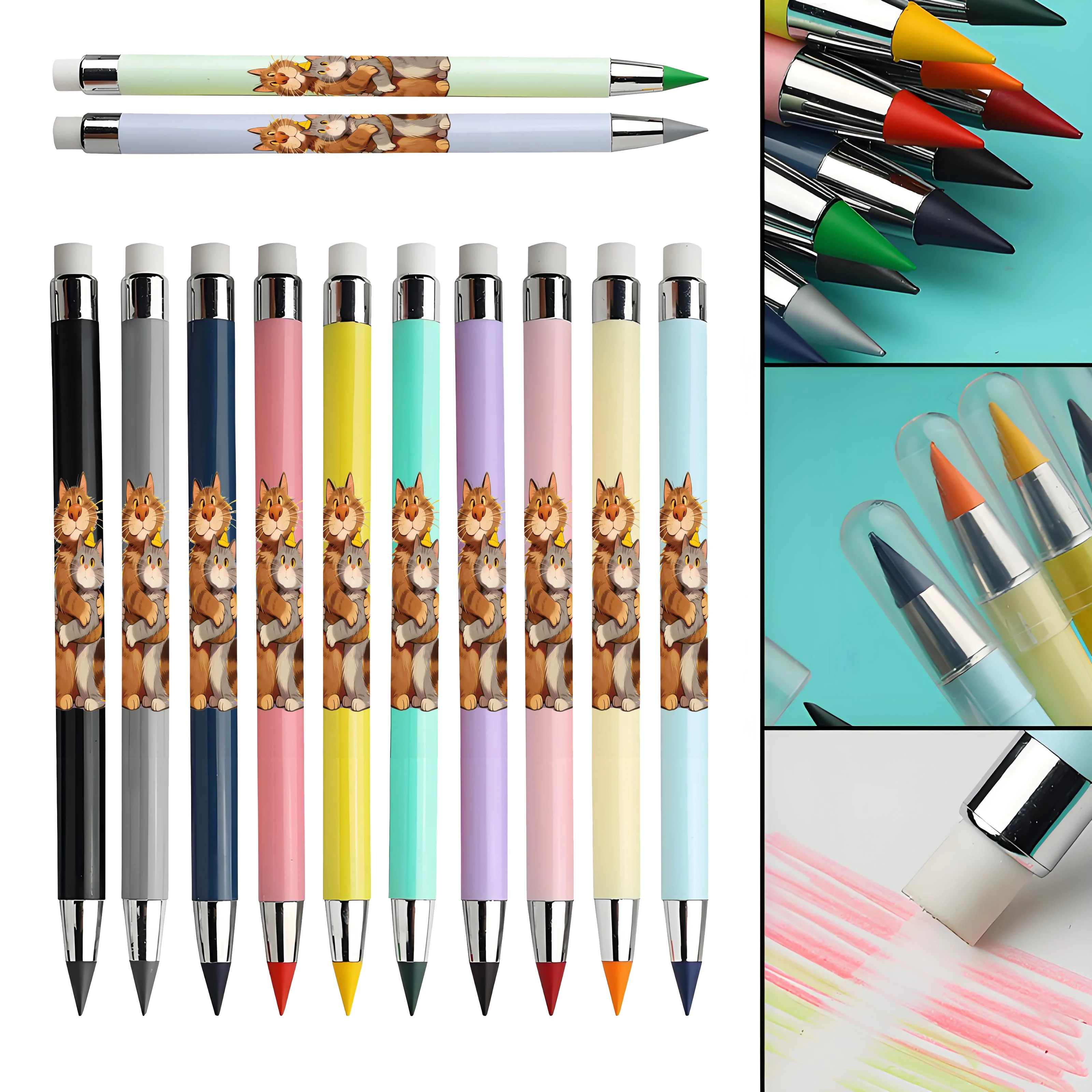 

12pcs Friendship Theme Cat Pattern Eternal Pencil Macaron Color Not Easy to Break Student Drawing, Drawing Colored Lead.