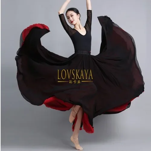 Flamenco Chiffon Dance Skirt for Women Solid Color Long Skirts Dancer Chinese Style Skirt with Big Hem