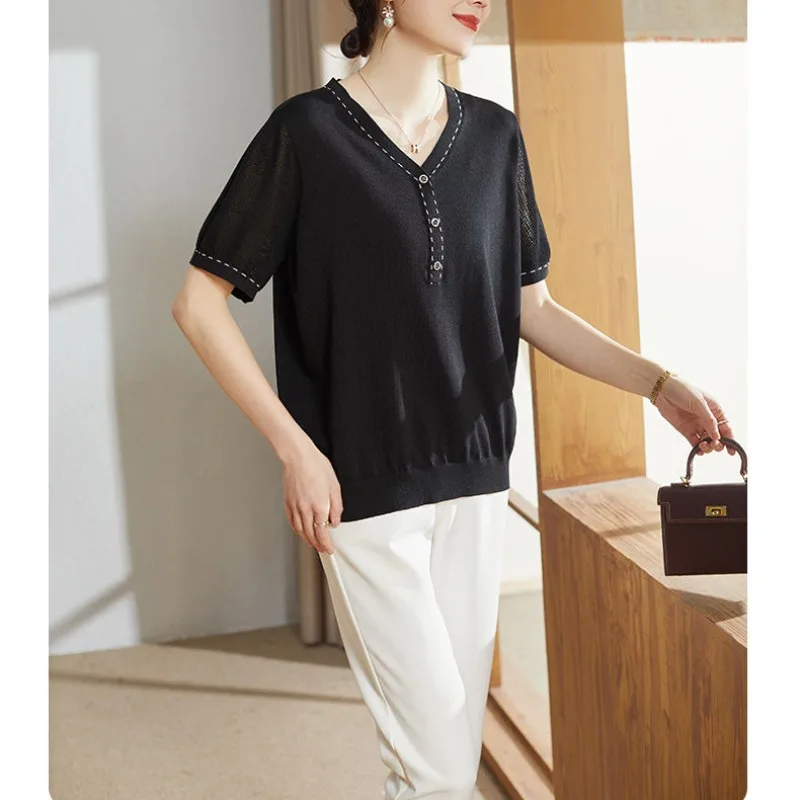 Solid Color V-Neck Button Pullover Sweater Knitted Short Sleeve T-shirt Fashion Casual Women's Clothing Spring Summer Tops