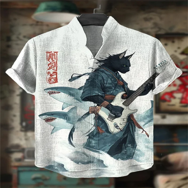 

Men's cat print short-sleeved shirt, retro stand-up collar casual top, breathable slim fit shirt, outdoor casual Hawaiian shirt.