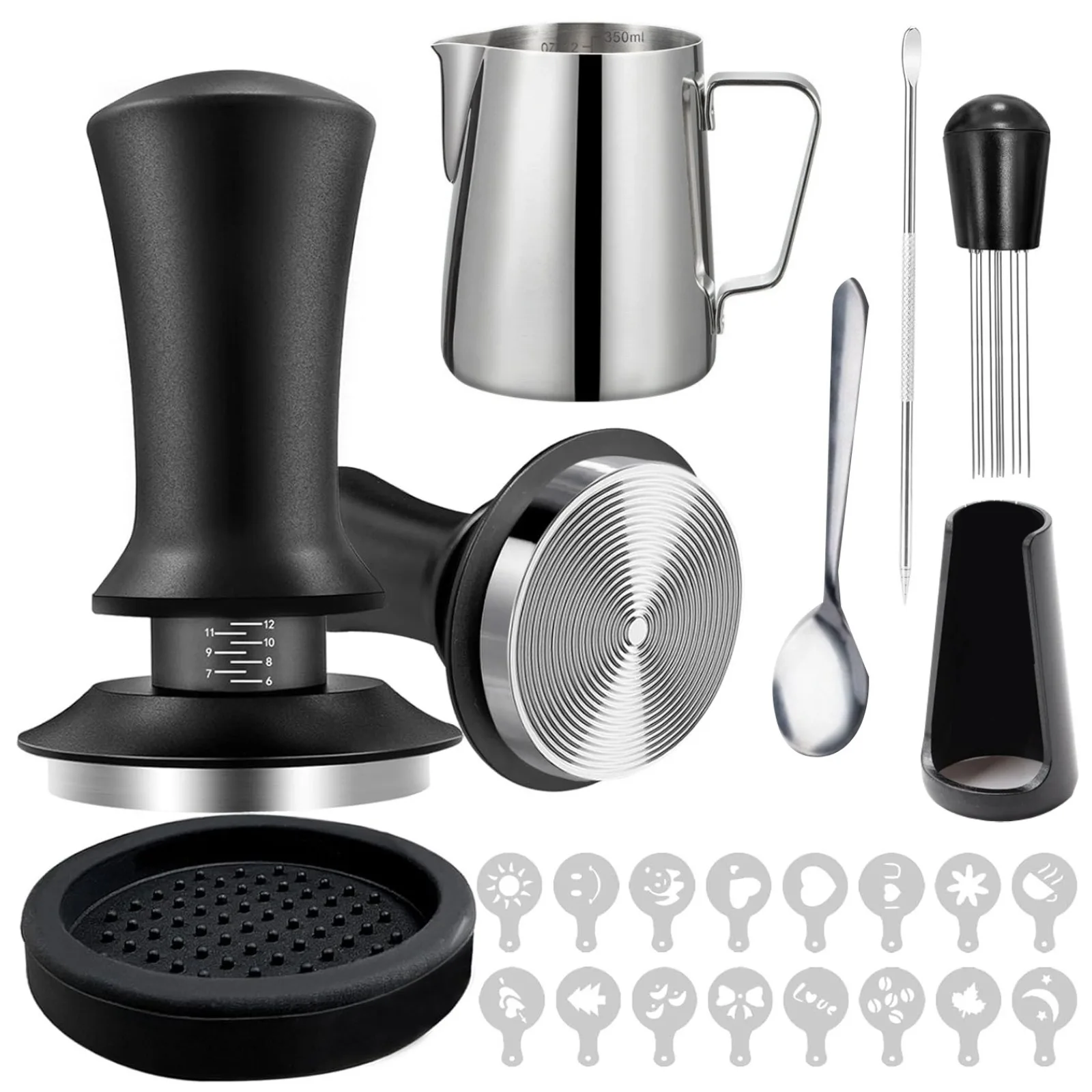 51mm Coffee Tamper Set 22PCS Espresso Accessories Kit WDT Tool Frothing Pitcher Stirrer Tamper Mat Latte Art Pen Coffee Stencils