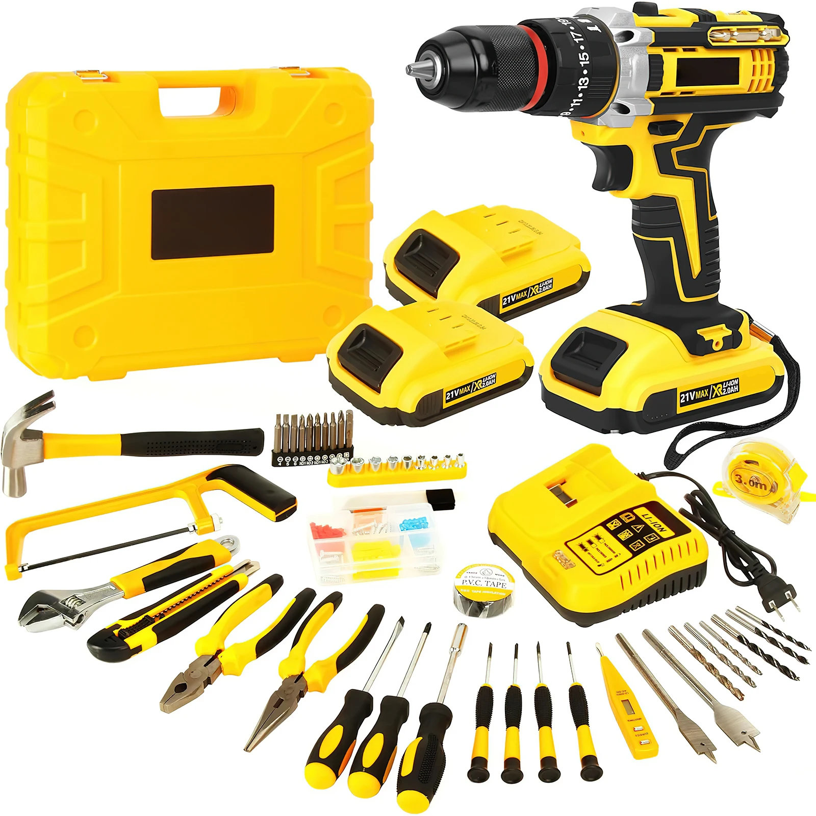 Kit d'outils 21V avec perceuse, ensemble de perceuse sans fil 120 pièces avec mandrin sans clé de 3/8" en métal et embrayage 25+3 avec couple de serrage maximal de 45 Nm