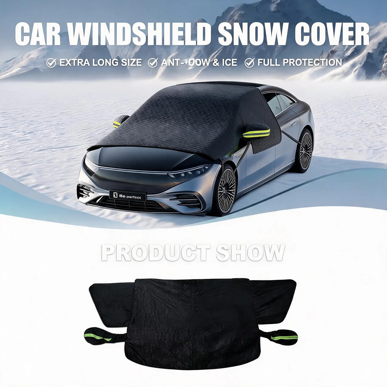 Extended All Weather Car Windshield Snow Cover Oxford Fabric Windshield Protector with Fixed Strap Car Cover for Most Cars