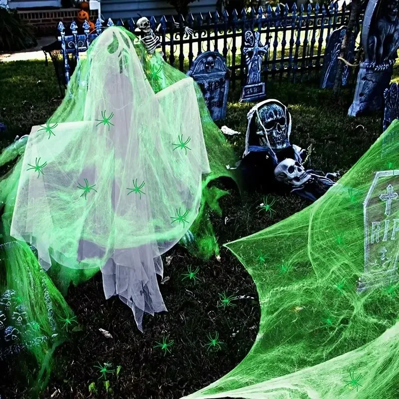 1/2Set Halloween Spider Web Cotton Glow Decorations Luminous Spider Web Haunted House Escape Room Horror Party Scene Decor